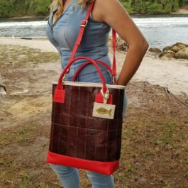 Brown Leather Bag with Red Top Handles